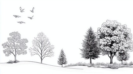 Black And White Ink Drawing Of Trees On A Hillside