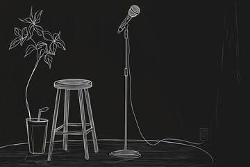 Single continuous line drawing microphone and stool on stand up comedy stage. Equipment at night club.