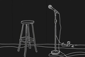Single continuous line drawing microphone and stool on stand up comedy stage. Equipment at night club.