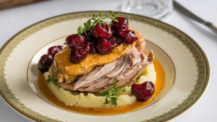 Chicken pate with cream and cherry chutney. This dish consists of tender chicken meat, drizzled with thick creamy sauce, and spicy cherry chutney. The pate is spread on a layer of mashed potatoes.