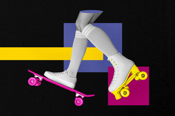 Trend artwork composite banner 3D photo collage of two legs wear different shoes skateboard roller...
