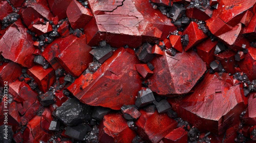 Poster vivid red mineral crystals display a striking contrast with dark stone fragments, revealing intricat