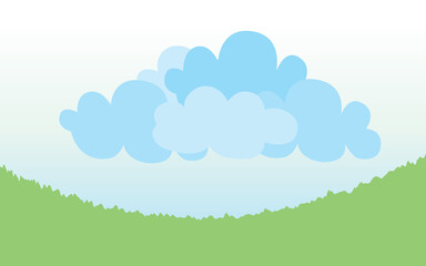 Summer landscape with clouds and green grass in a vector illustration style