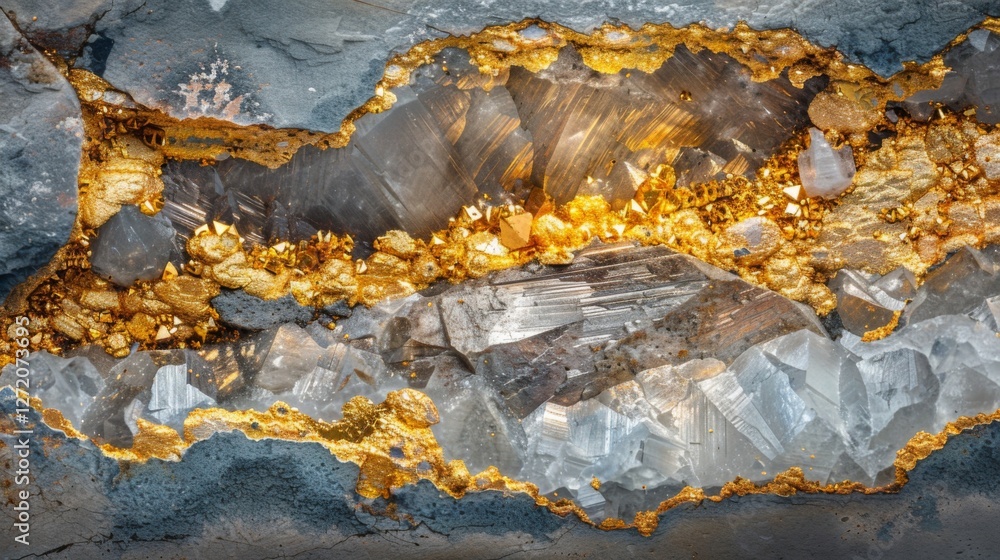 Poster layers of clear quartz interspersed with striking veins of gold highlight the mineral composition of