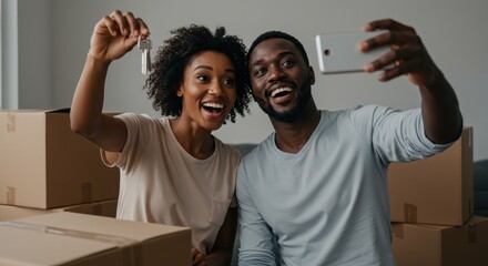 A joyous couple takes a selfie with keys in hand, surrounded by moving boxes after relocating