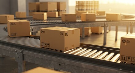 Efficient Warehouse Conveyor Belt System - Streamlined logistics, efficient product flow, automated warehouse, supply chain optimization, global distribution