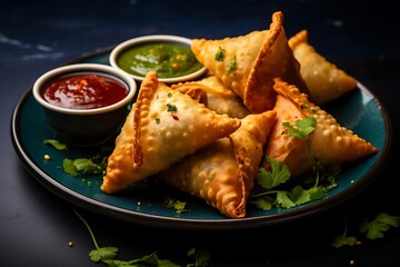 A plate of golden, crispy samosas is garnished with fresh cilantro and served with two dipping sauces, one vibrant red and the other bright green, highlighting the rich flavors of this beloved snack.