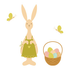 Easter Bunny wearing an apron with a hamper and easter eggs, rabbit with a basket, vector illustration