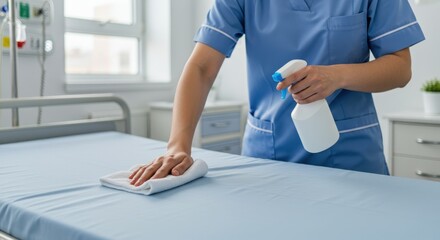 A healthcare worker is cleaning a hospital bed while preparing for a patient in a bright room