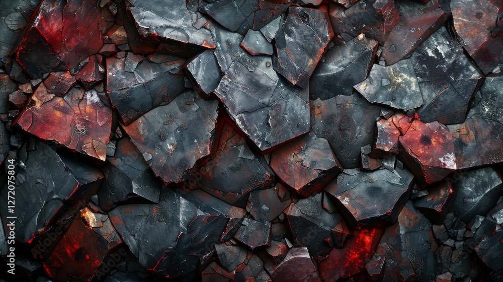Poster a close up view of jagged volcanic rock pieces displaying shades of red and black, illustrating the 