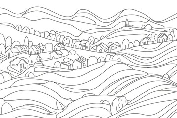 Continuous line drawing. Landscape with village on hill.