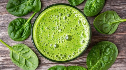Obraz premium Spinach smoothie in glass, wooden background, healthy drink