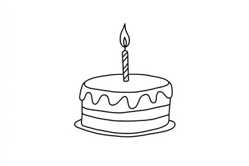 Birthday cake in continuous line art drawing style. Traditional birthday cake with candle on the top minimalist black linear sketch.