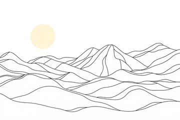 Abstract mountain range landscape background. Simple line drawing of mountains and sun.