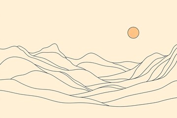 Abstract mountain range landscape background. Simple line drawing of mountains and sun.