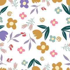 Abstract seamless pattern with hand drawn vintage groovy daisy flowers. design y2k. 60s, 70s, 80s style