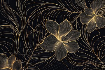 Abstract art background vector. Luxury minimal style wallpaper with golden line art flower and botanical leaves, Organic shapes, Watercolor.