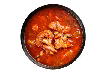 Tomato soup meat vegetable goulash fresh tasty food dish gourmet food background on the table rustic food top view copy space
