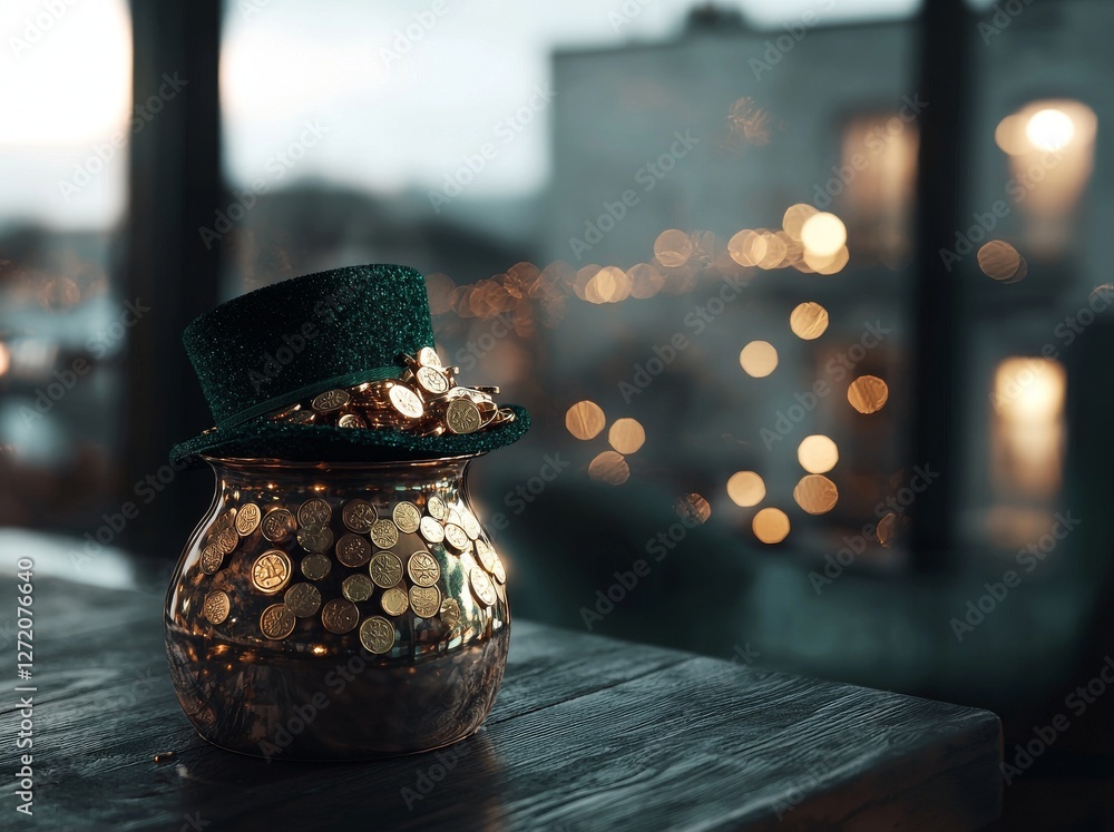 Poster image of a black pot filled to the brim with gold coins and a leprechaun hat on top created using 3d