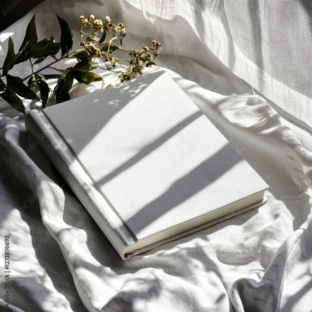 Poster the perspective view of a front magazine book template is depicted on a grey background with soft sh