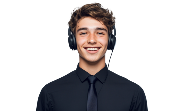 a smiling call center agent wearing a black shirt and headset isolated on a transparent background - Powered by Adobe