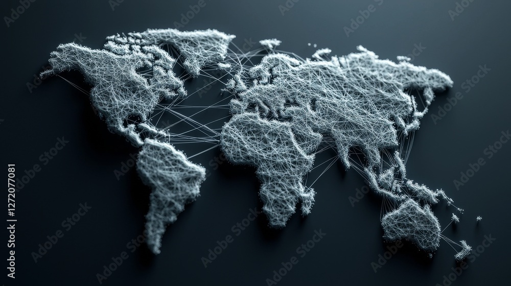 Poster blockchain technology integrated into a polygon world map on a blue background, representing a peer-