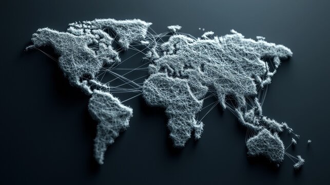 Blockchain technology integrated into a polygon world map on a blue background, representing a peer-to-peer network for global cryptocurrency business and e-commerce