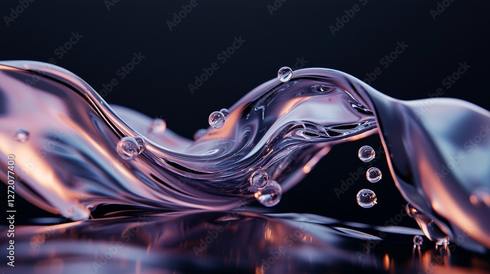 Poster the picture is a 3d rendering of a floating liquid blob with a blue and purple gradient color scheme