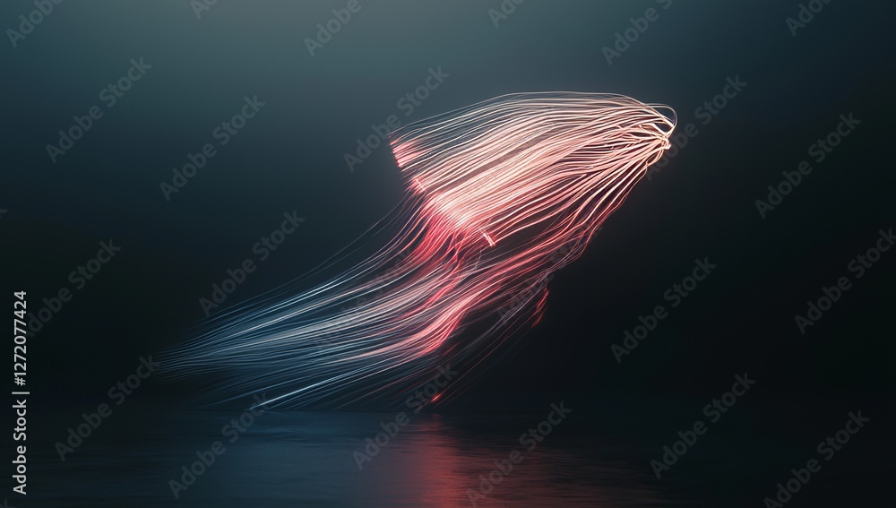 Poster the image is a 3d render of a geometric shape bathed in neon light, positioned in front of a dark tu