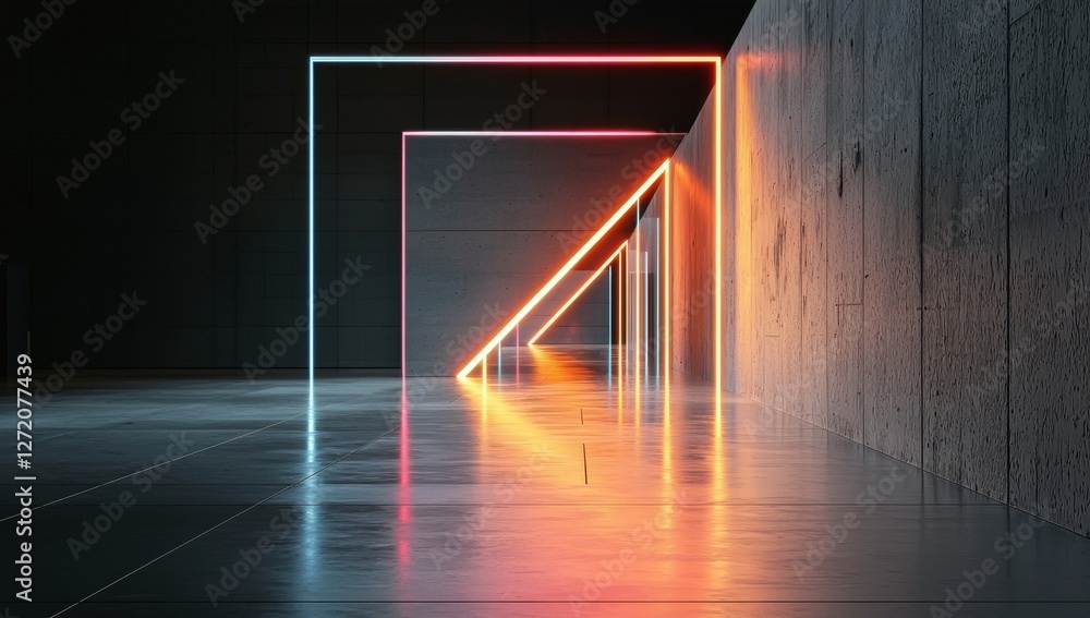 Poster a 3d rendering features a geometric figure illuminated by neon lights set against the backdrop of a 