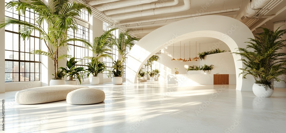 Aufkleber the interior of a huge modern concrete structure, characterized by multiple columns and big white wi