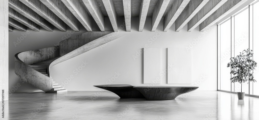 Poster a massive empty hall made of modern concrete, featuring numerous columns and large glowing white win