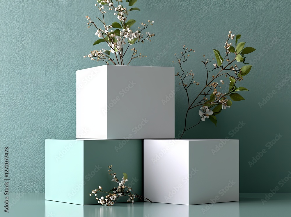 Poster an abstract blue composition featuring a podium, generated using 3d rendering and illustration metho