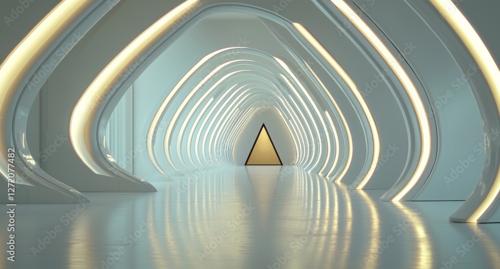 Poster a futuristic passageway inside an abstract triangular spaceship, illuminated by radiant light, serve