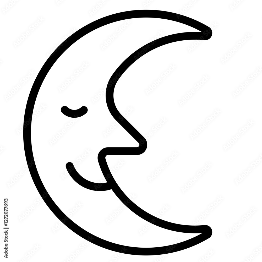 Poster simple line icon of a smiling crescent moon with a face design for various graphic uses
