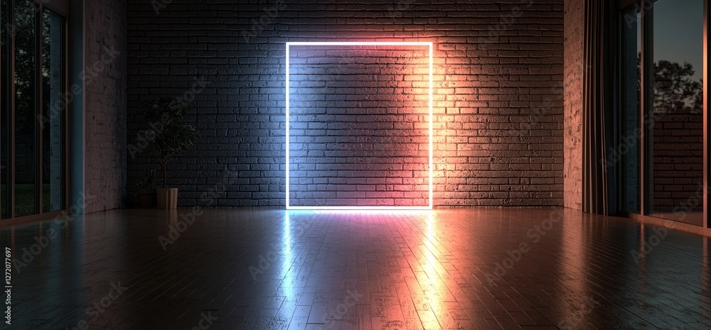 Poster a futuristic sci-fi themed 3d rendering featuring elegant modern neon glowing rectangle frame shaped