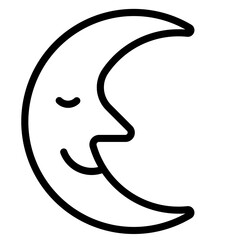 Simple line icon of a smiling crescent moon with a face design for various graphic uses