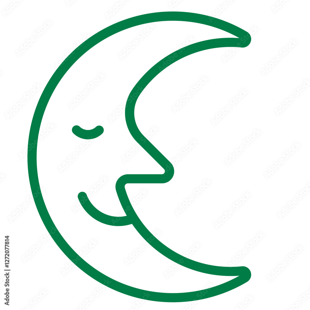 Poster line icon depicting a crescent moon with a smiling face designed for use in digital media or print m