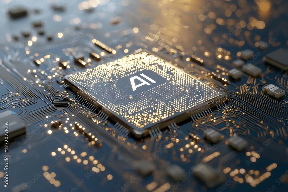 Poster a 3d render of ai stock technology showcases a cpu, or central processor unit, and chipset situated 