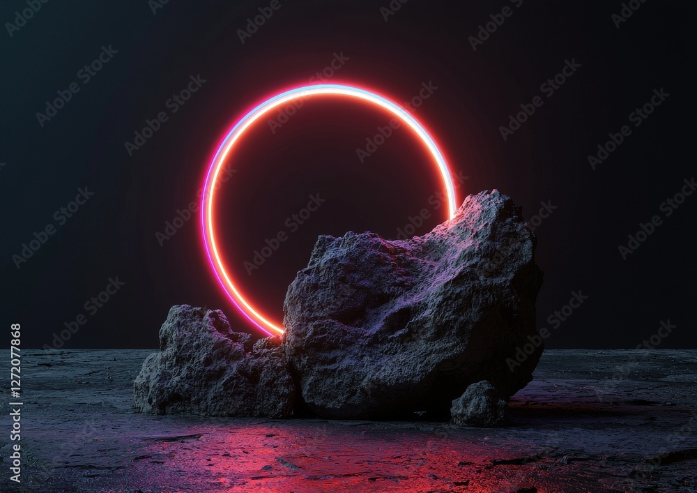 Poster a 3d rendering features an abstract background with a cosmic landscape, incorporating a round portal