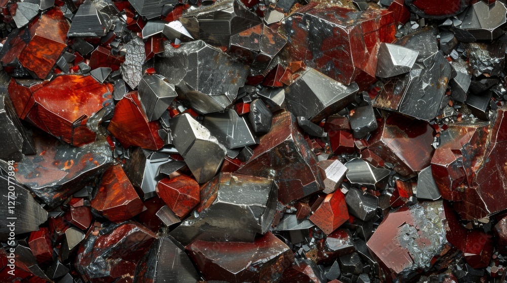 Fototapete An array of polished gemstones highlights rich colors and diverse textures found in a mineral deposit. The gems display shades of red and black, reflecting light with distinct patterns.