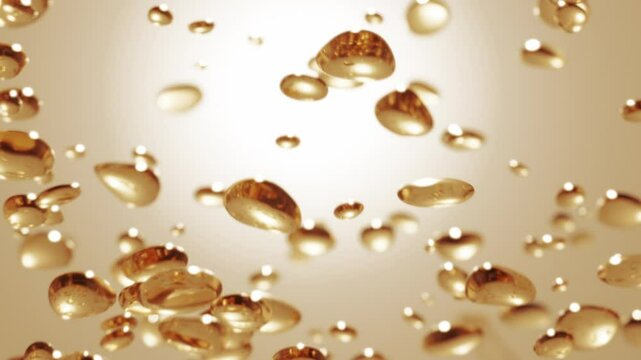 Golden oil or collagen droplets float in liquid. Omega fatty acids or retinol bubbles. Concept luxury skincare cosmetics, anti-aging treatments and moisturizing beauty products. Premium cosmetic