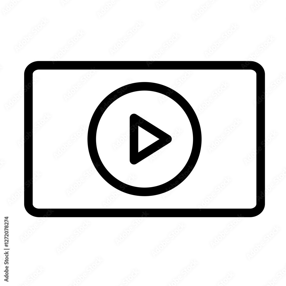 Poster vector line icon representing a video play button within a rectangular frame suitable for digital co