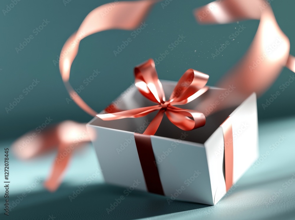 Poster a present box or gift box with a red ribbon and bow is isolated on a pastel green blue background wi
