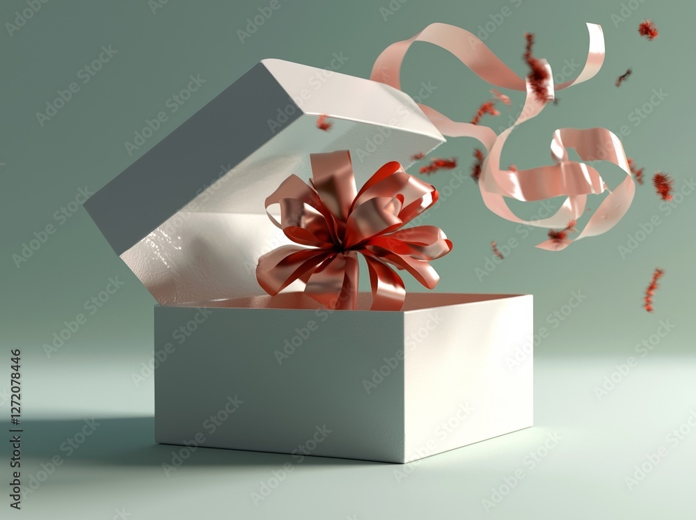Poster the image features a gift box or present box, complete with a red ribbon and bow, set against a gree