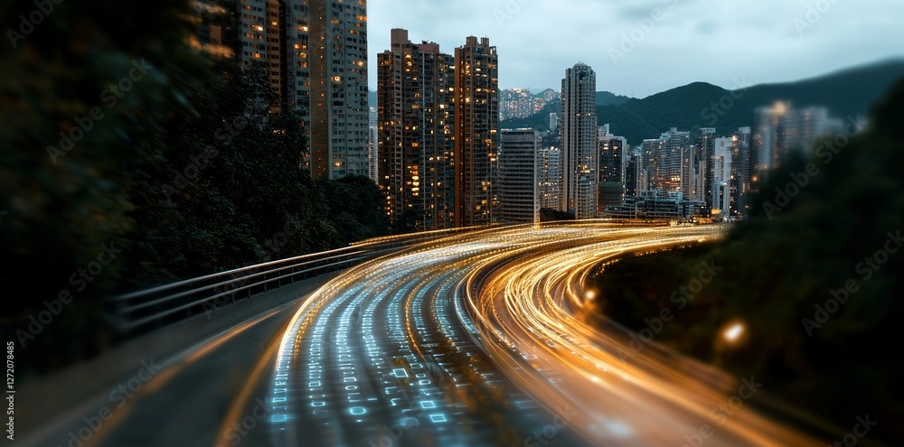 Aufkleber the concept of a futuristic city with a 3d-rendered highway path that navigates through digital bina