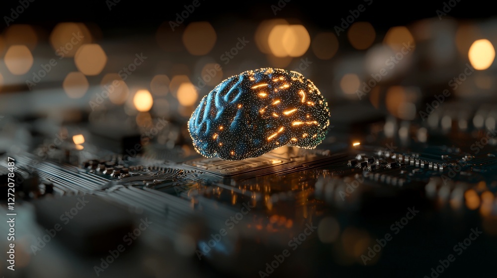 Poster a 3d rendering of a stock hardware concept, showcasing a microchip with a glowing blue brain circuit