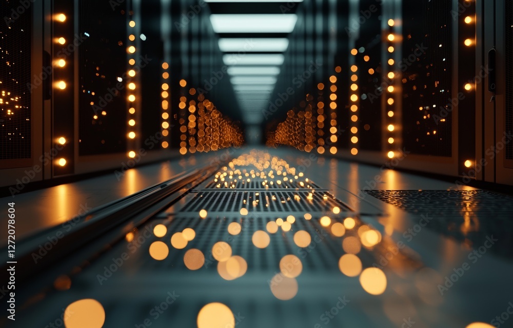 Poster a data center room filled with servers is illuminated by a bright bokeh light that shines down the c
