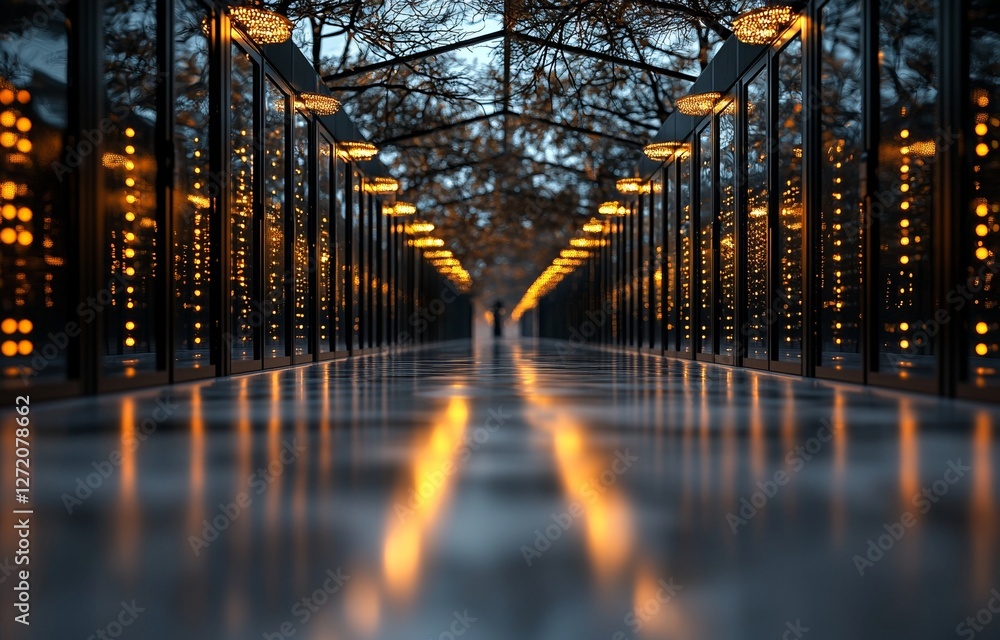 Poster the corridor of a data center room is bathed in bright bokeh light, with rows of servers visible thr