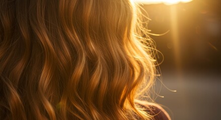 Golden Hour Hair - Close-up view of long, wavy light brown hair backlit by the setting sun. The hair is shiny and healthy-looking
